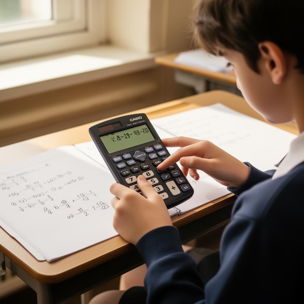 Student solving math problems with a Casio scientific calculator in class