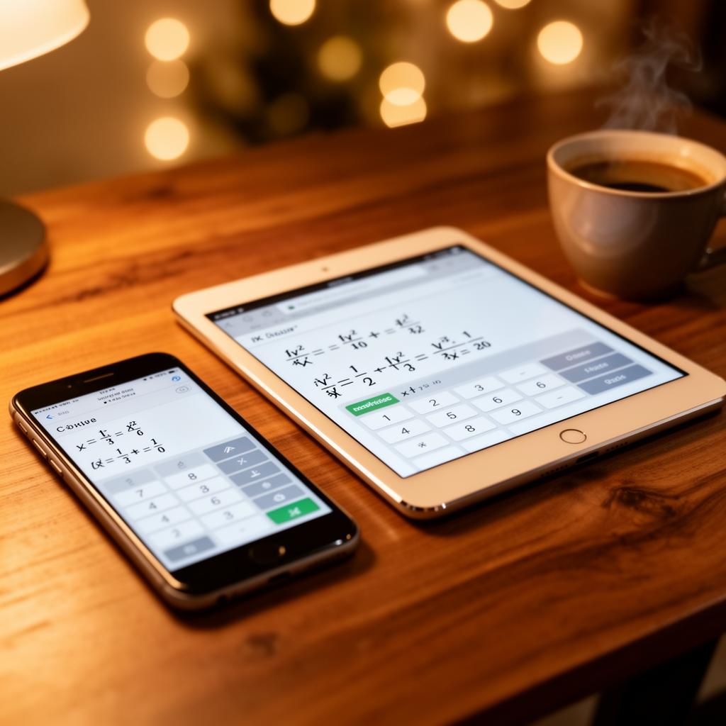 Smartphone and tablet displaying an online scientific calculator app on a study desk