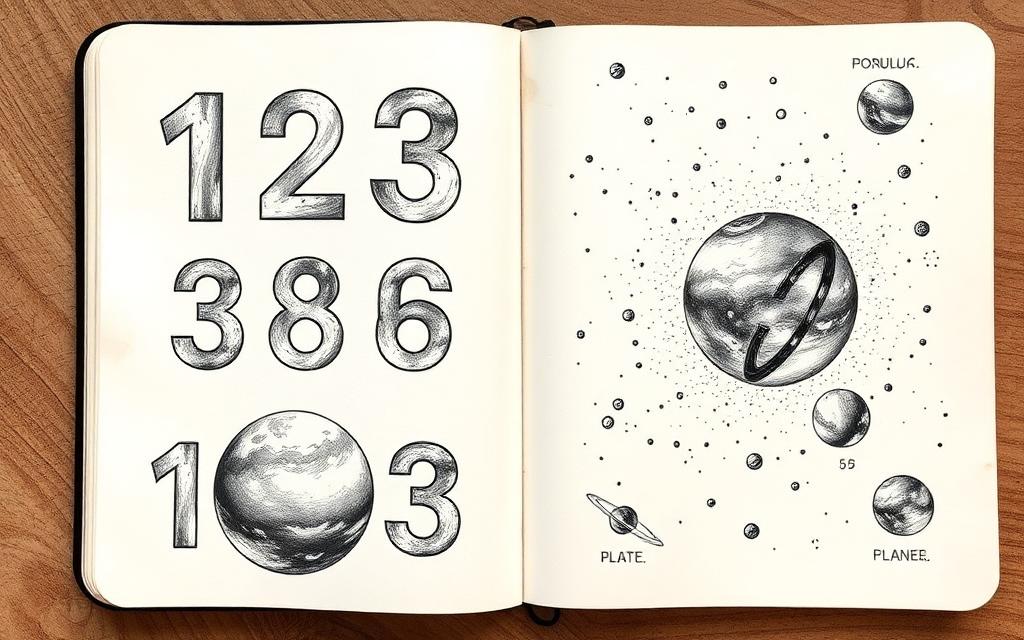 Astronomy notebook with very large numbers and planet sketches